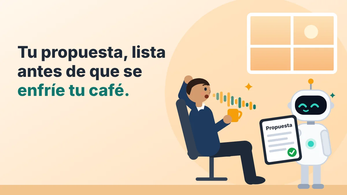 Dueño de negocio con su café dicta mientras un robot asistente le entrega la propuesta terminada