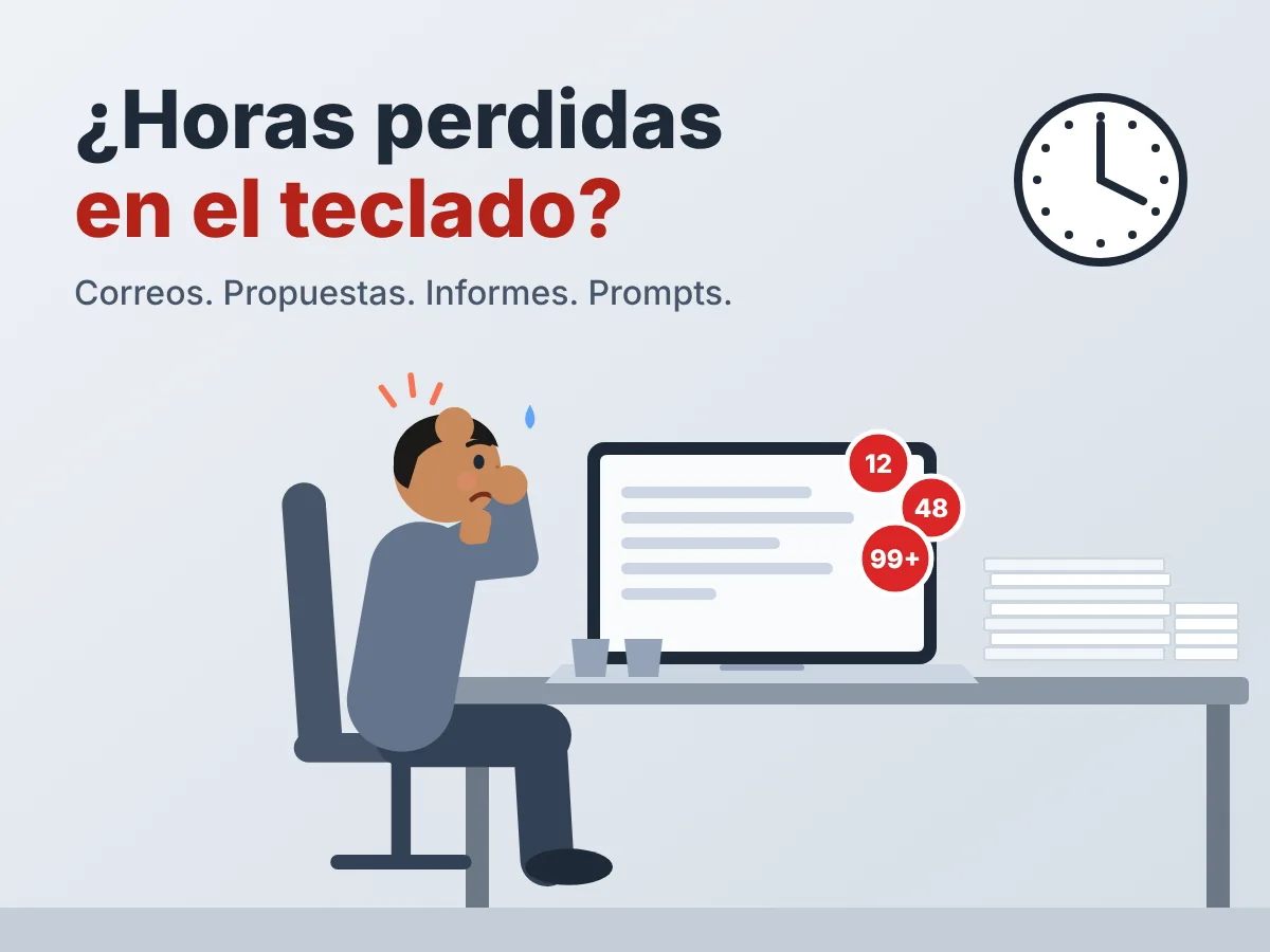 Ilustración: hombre estresado en su escritorio con más de 99 notificaciones y pilas de papeles. ¿Horas perdidas en el teclado?