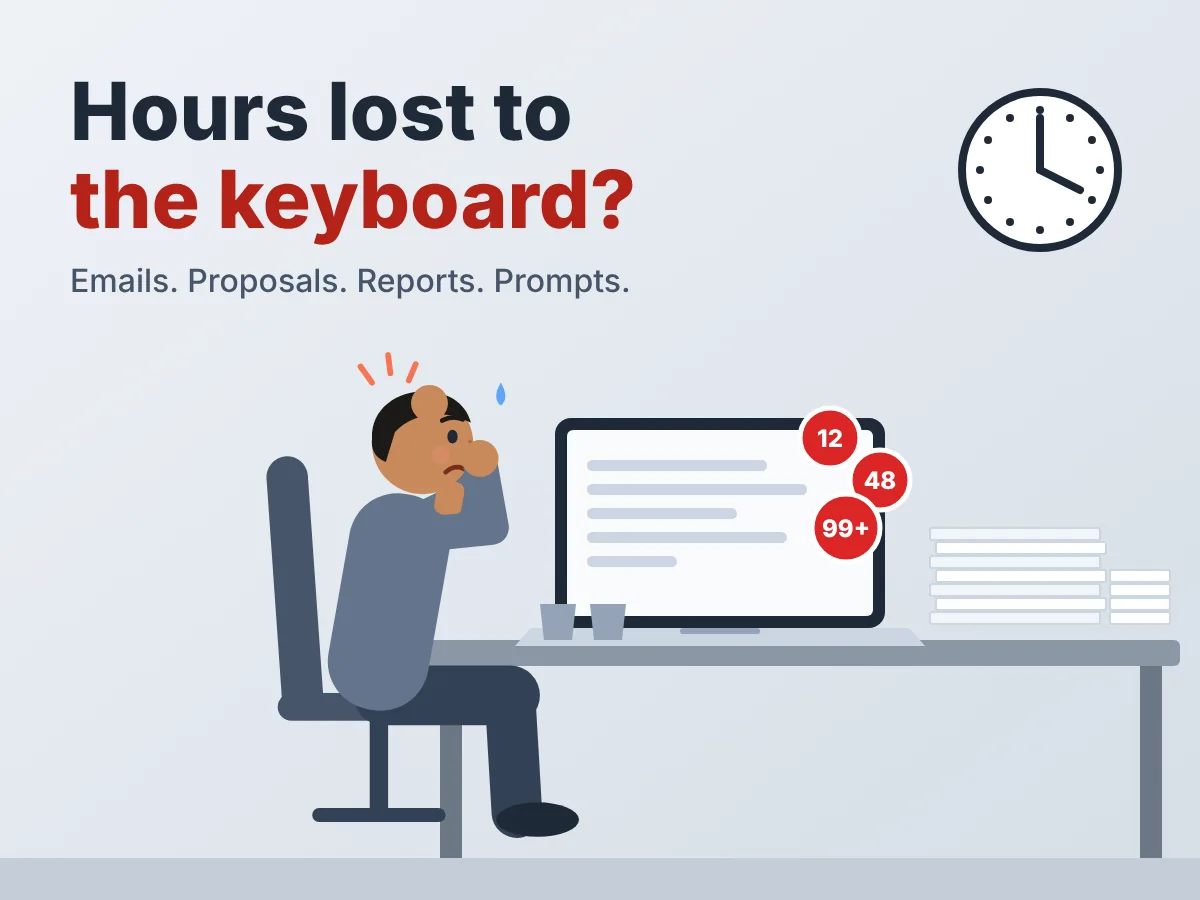 Illustration: stressed man at a desk with 99+ notifications and stacks of paperwork. Hours lost to the keyboard?